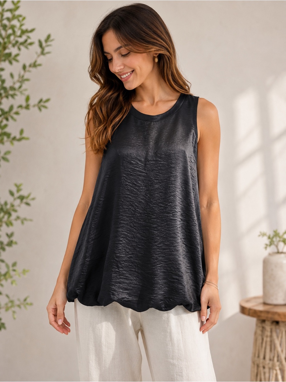 Anthropologie Black Satin Swing Tank Top Sleeveless Blouse L NWT